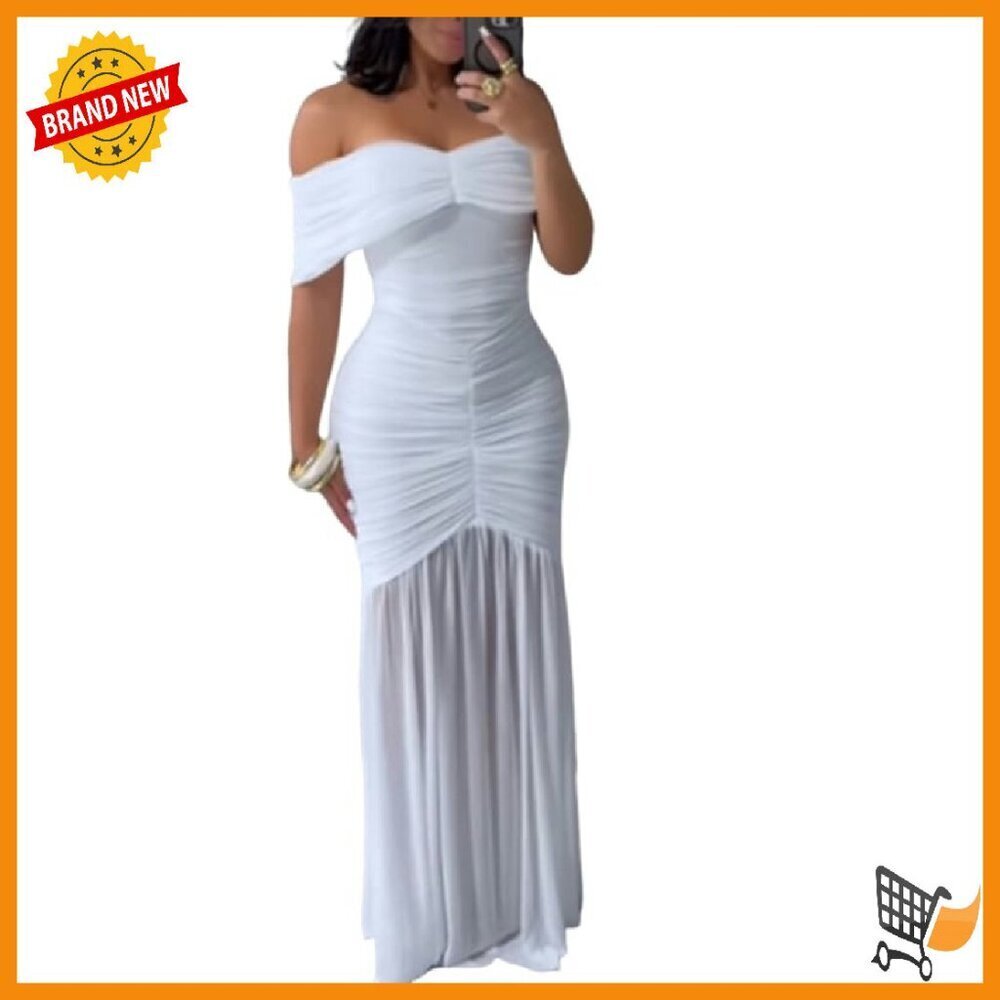 Off Shoulder Mermaid Maxi Dress Cinched Waist Ruched Formal Cocktail